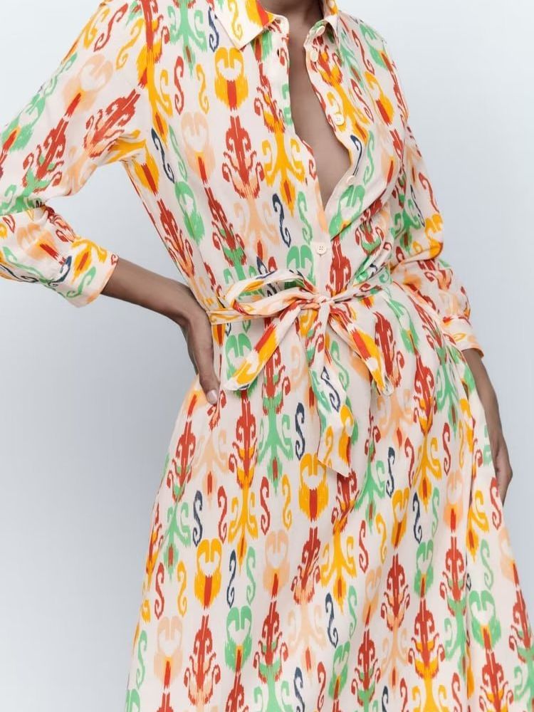 Long Sleeve With Belt Printed Dress