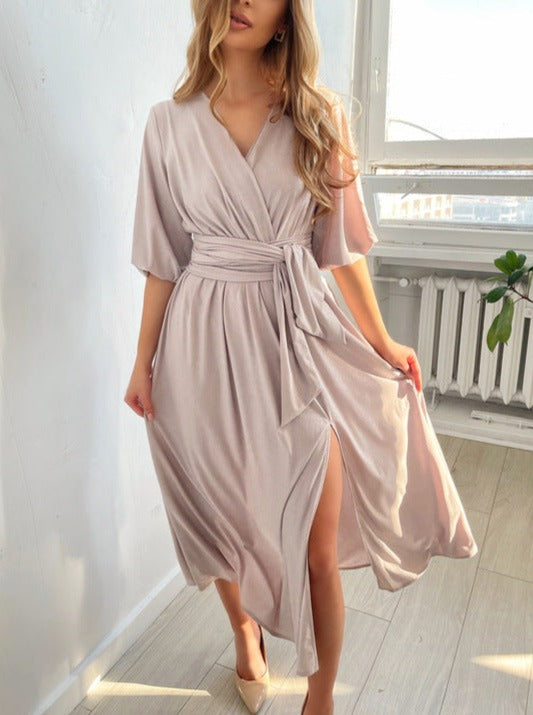 Stylish Women's V-Neck Maxi Dress Lantern Sleeves