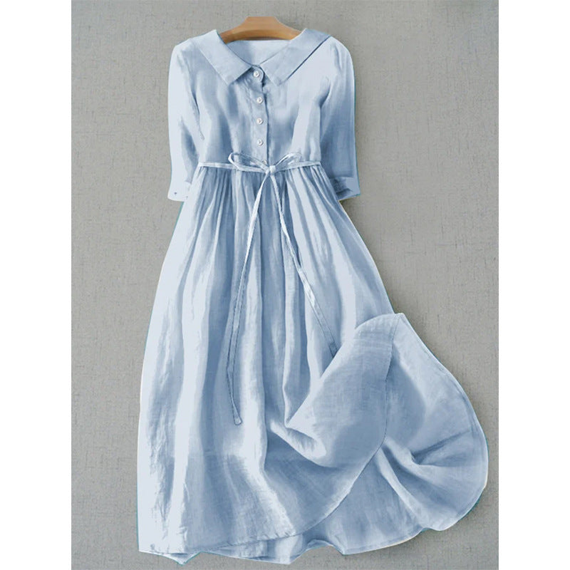 French Retro Cotton Linen Pleated Skirt Dress for Women