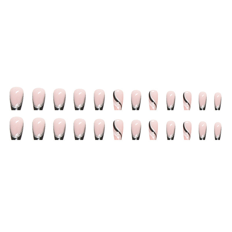 Mid-length Square Black Glitter French Nail Sticker