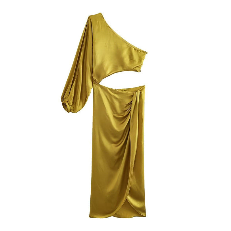 Summer New Silk Satin Texture One Shoulder Light Luxury Dress High Sense