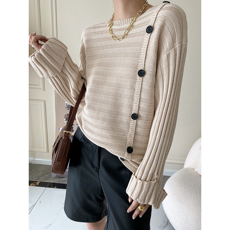 Women's Loose Round Neckline Knit Sweater With Side-breasted Buttons