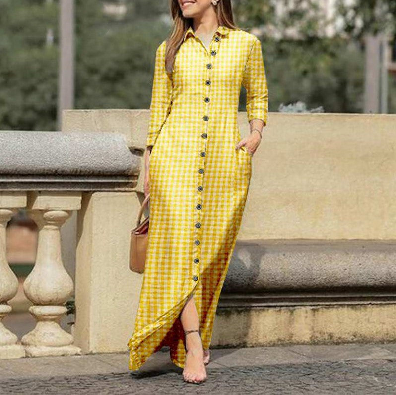 Women's Long Sleeve Plaid Maxi Dress Lapel Collar and Button Dress