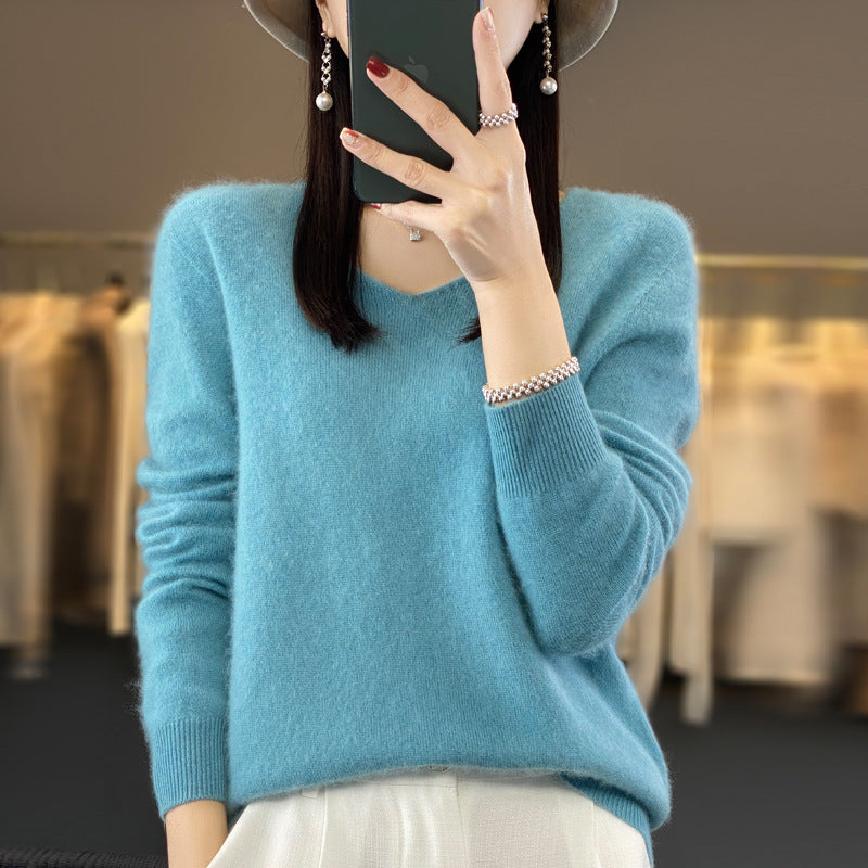 Women's V-Neck Wool Sweater - Solid Color Loose-Fitting Versatile Top for Autumn and Winter