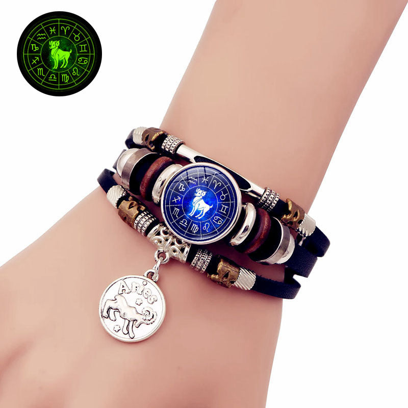 Luminous Twelve Constellation Snap Button Vintage Multi-layer Beaded Leather Bracelet