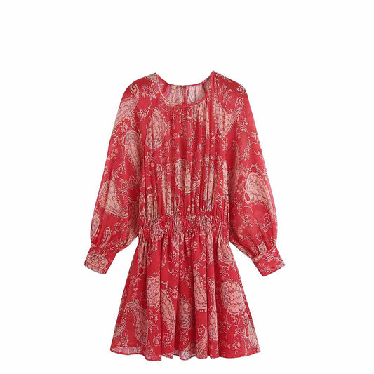 French Vintage Print Short Loose Dress with Long Sleeves