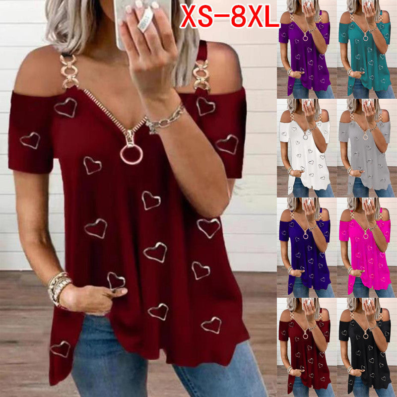 Low Cut Zippered Solid Color Off Shoulder Short Sleeved T-shirt