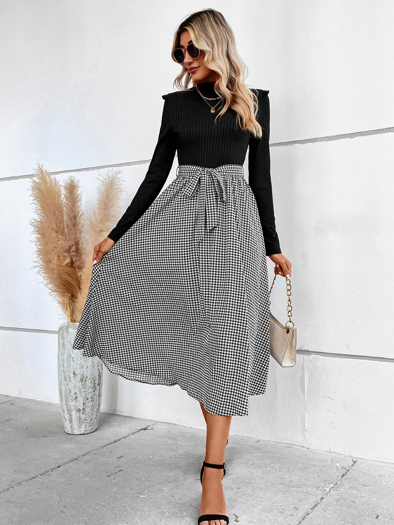 High Collar Long Sleeve High Waist Slimming Dress