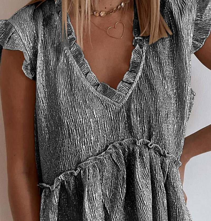 Personalized Metal Pleated Ruffled Short Sleeve Loose Top for Women