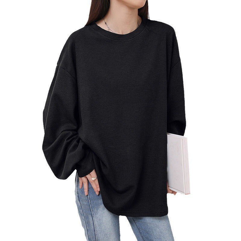 Autumn Waffle Women's Round Neck Solid Color T-Shirt