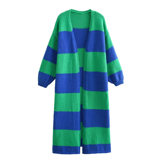 Autumn Women's Striped Loose Long Knitted Cardigan Coat
