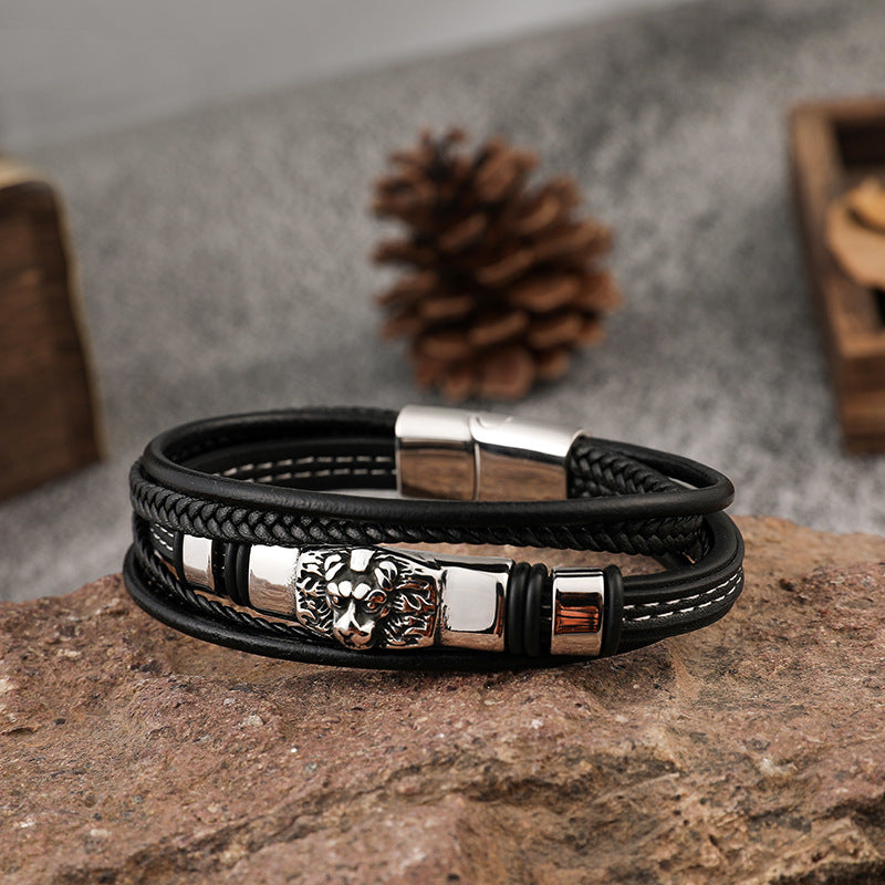 Men's Multi-layer Stainless Steel Leather Braided Bracelet