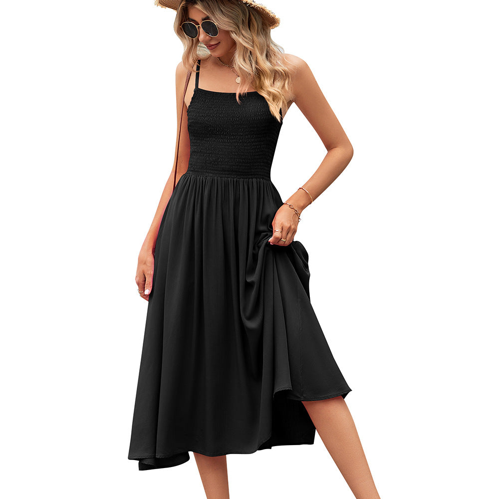 Square Collar Pleated Bohemian Strap Dress for Women