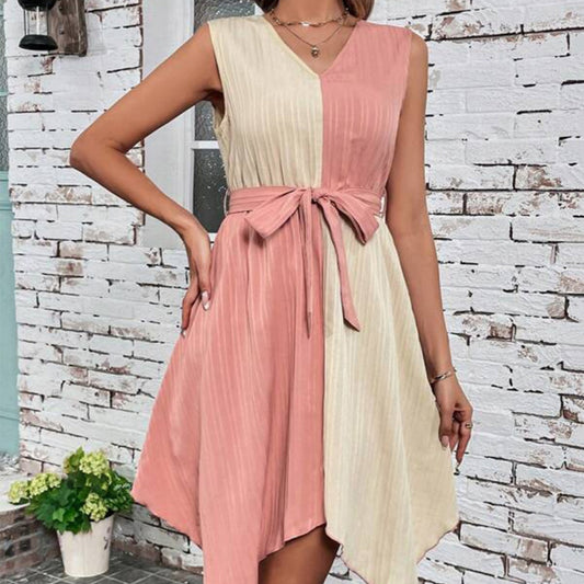 Asymmetric Hem Drawstring Dress with V-Collar and Contrast Colors