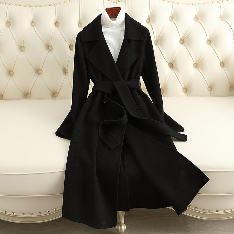 Slim-Fit Cashmere Woolen Coat, Thin and Over-the-Knee Length