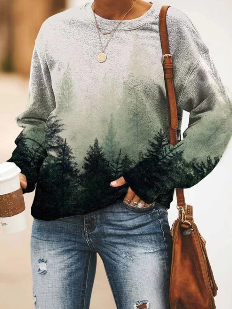 Women's Landscape Floral Print Long Sleeve Pullover