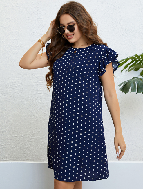 Summer Polka Dot Ruffled Dark Blue Jumpsuit Short Skirt For Women