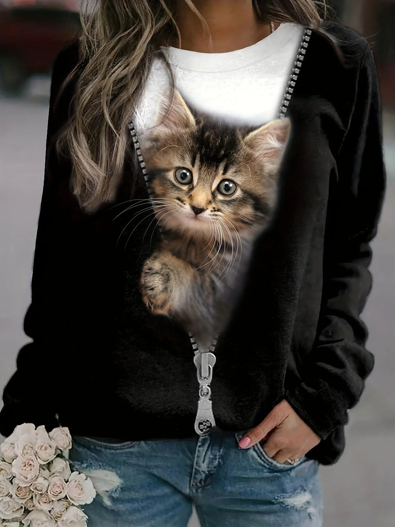 Summer Trendy Women's Commuter Top with Cute Kitten Print