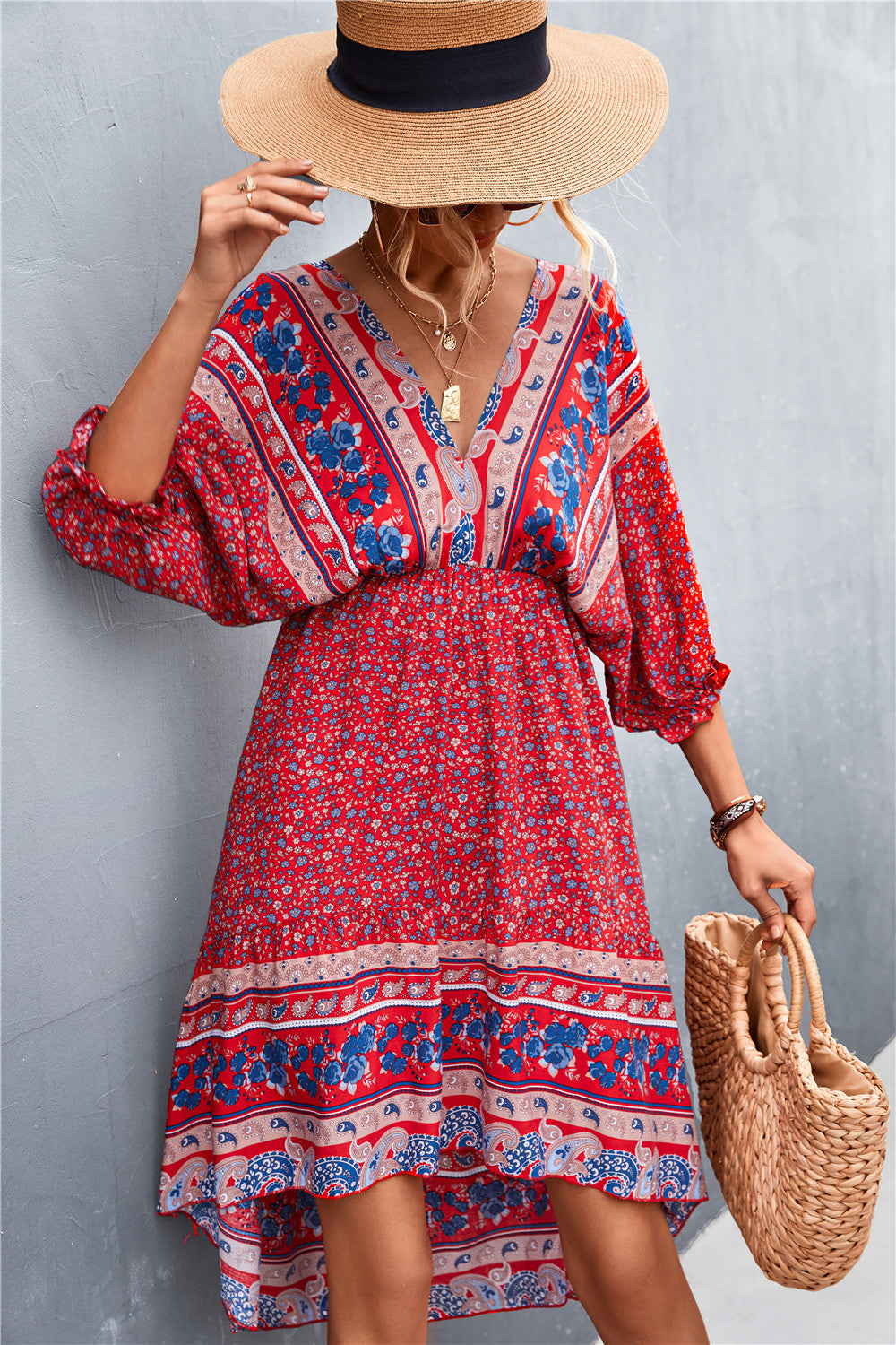 Bohemian V-Neck Irregular Backless Dress with Floral Accents