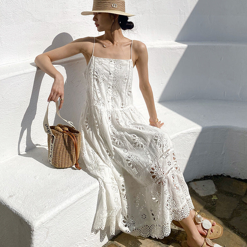 White Embroidered Suspender Maxi Beach Dress