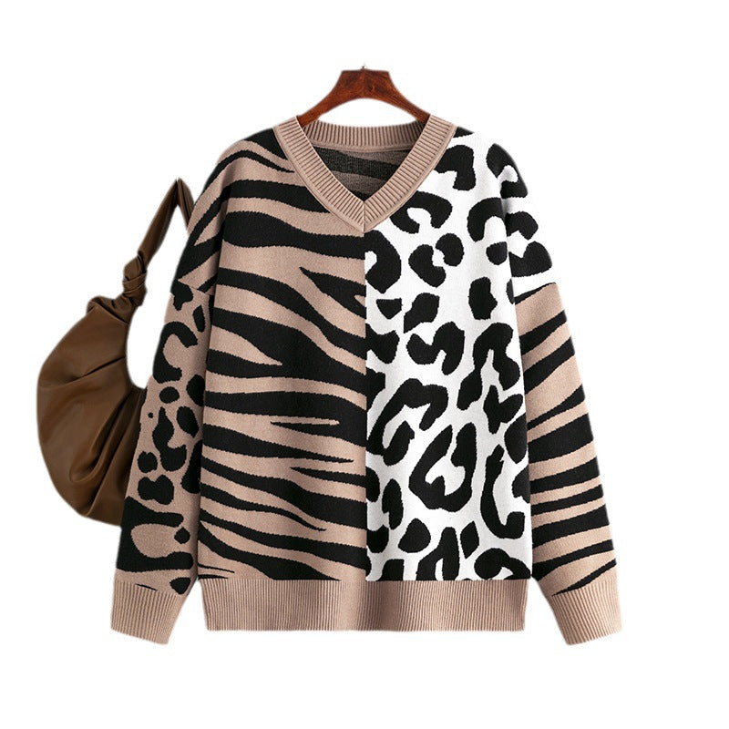 Women's Mixed Knit Pullover Sweater with Leopard Patchwork