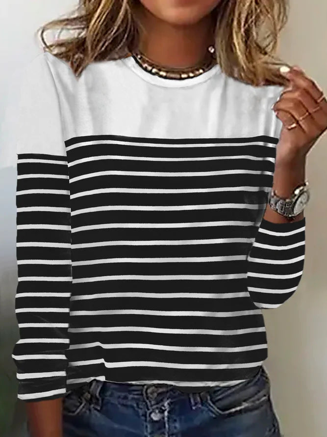 Long-Sleeve Striped Two-Tone Patchwork T-Shirt with Round Neck and Printed Design