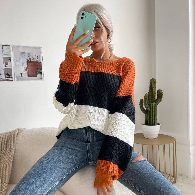 womens clothing striped contrast color knitwear round neck loose sweater