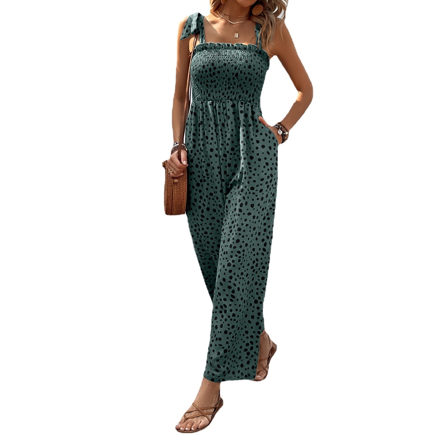 European and American Style Polka Dot Print Jumpsuit with Waist-Slimming Pocket Design