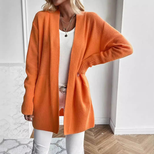 Women's Mid-Length Cardigan Sweater with Large Pockets and Long Sleeves