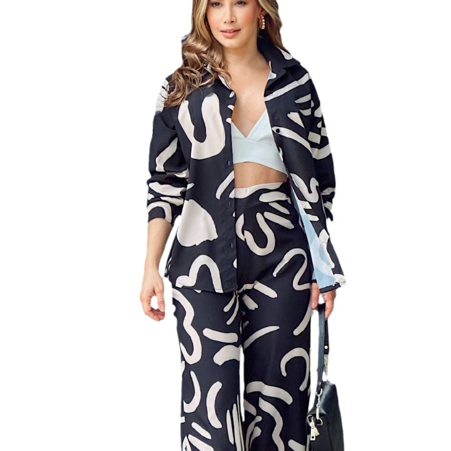 Fashion Suit with Long Sleeve Printed Shirt and High Waist Trousers