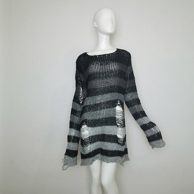 Womens Striped Loose Knitwear With Ripped Mid-length Sweater