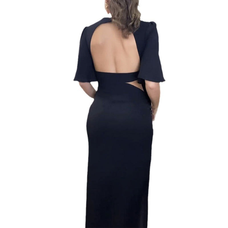 Women's Round Neck Backless Waist Trimming Dress