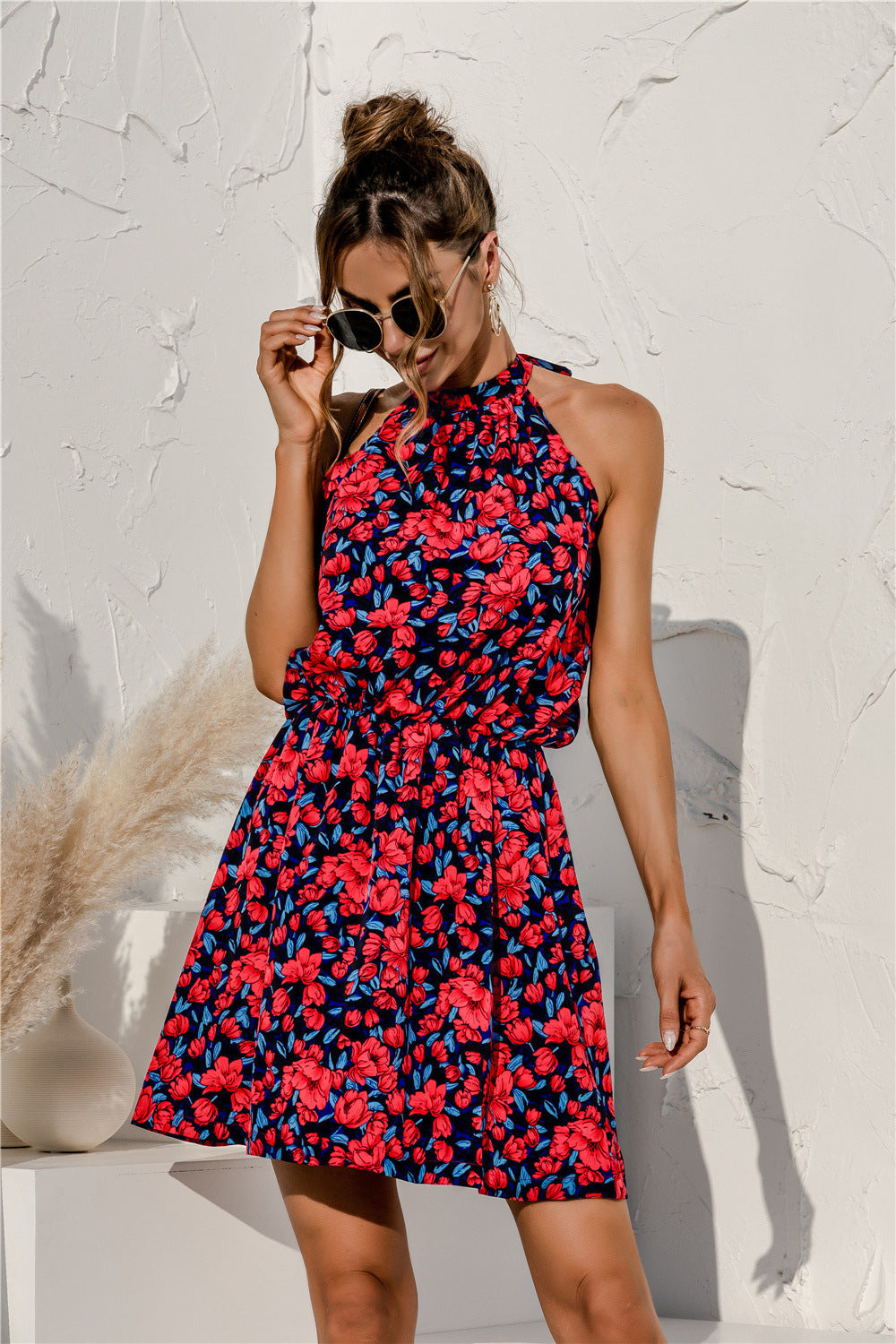 Popular Independent Station Popular Halter Floral Tie-neck Strapless Sexy Dress