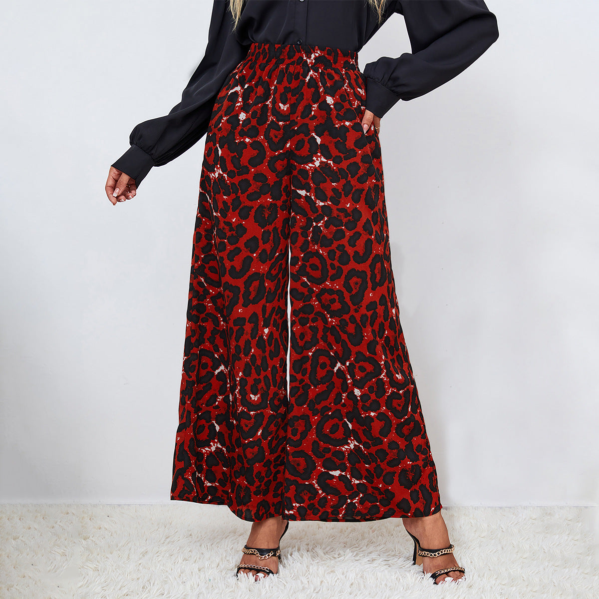 Women's Leopard Print Casual Elastic Waist Loose-fitting Wide-leg Trousers