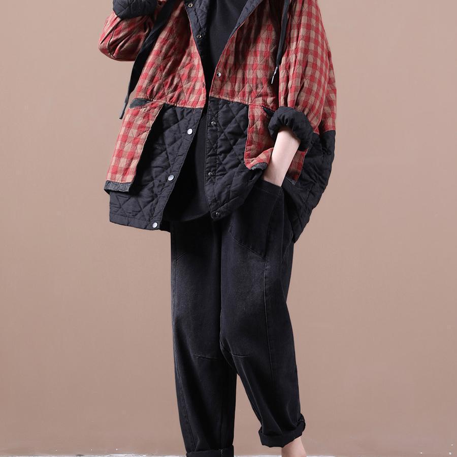 Artistic Plus Size Plaid Cotton-Padded Coat in Cotton Linen