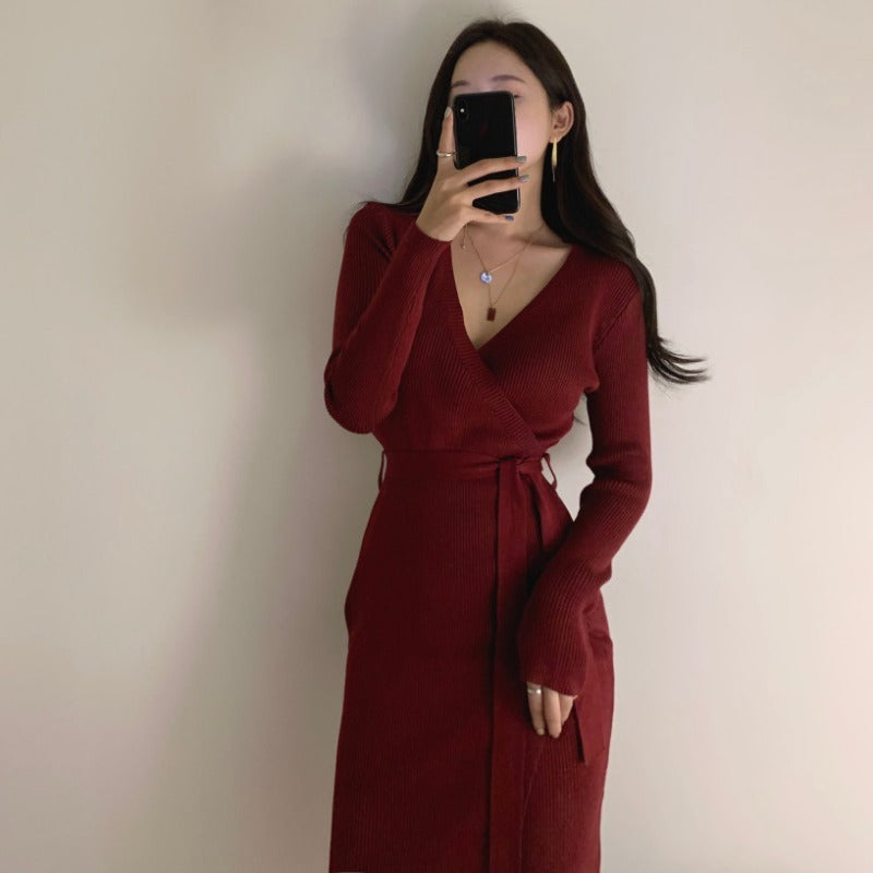 V-Neck Slit Knitted Dress Sweater with One-Step Skirt