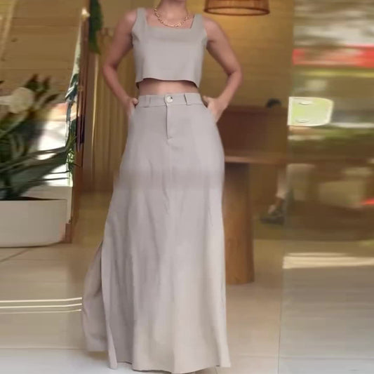 Woman Square-neck Short Sleeveless Sling High Waist Skirt Casual Suit