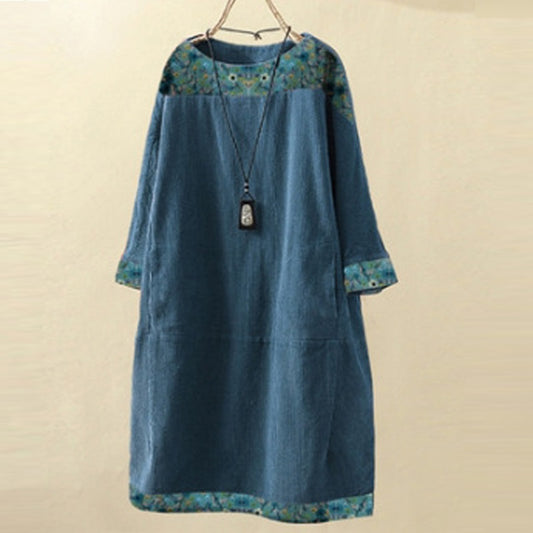 Spring And Autumn Solid Color Korean Style Loose 34 Sleeve Round Neck Corduroy Dress