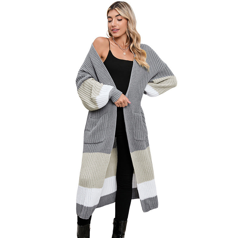 Fall Winter Fashion Color Matching Long Cardigan Warm Outerwear Knitwear