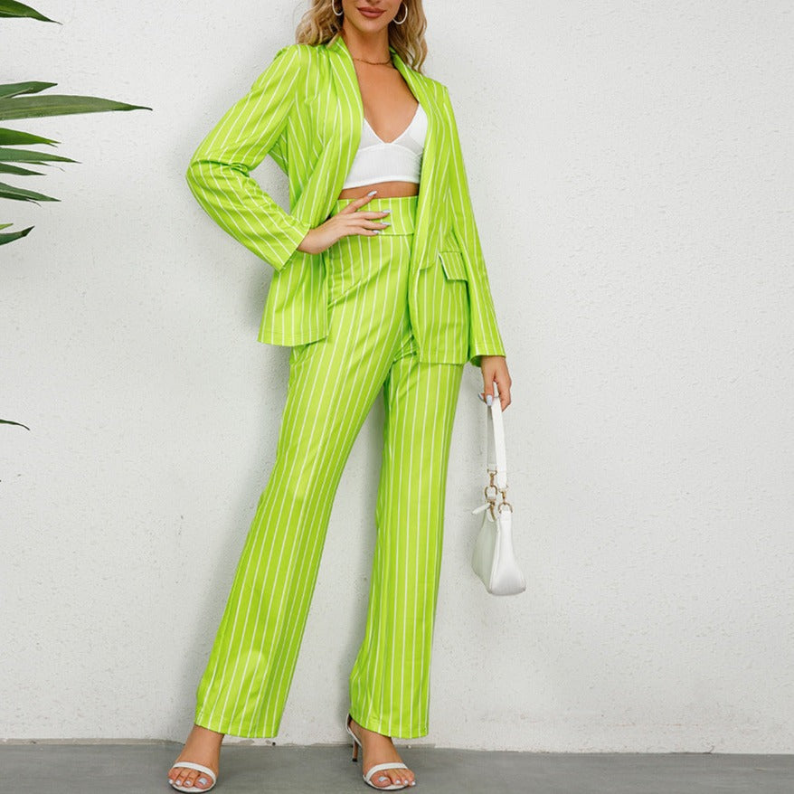 Casual Striped Blazer and Straight-Leg Wide-Leg Pants Suit for Women