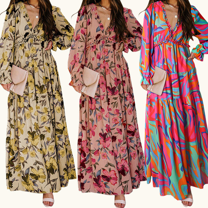 Printed Long Sleeve Dress Women's V-neck Loose