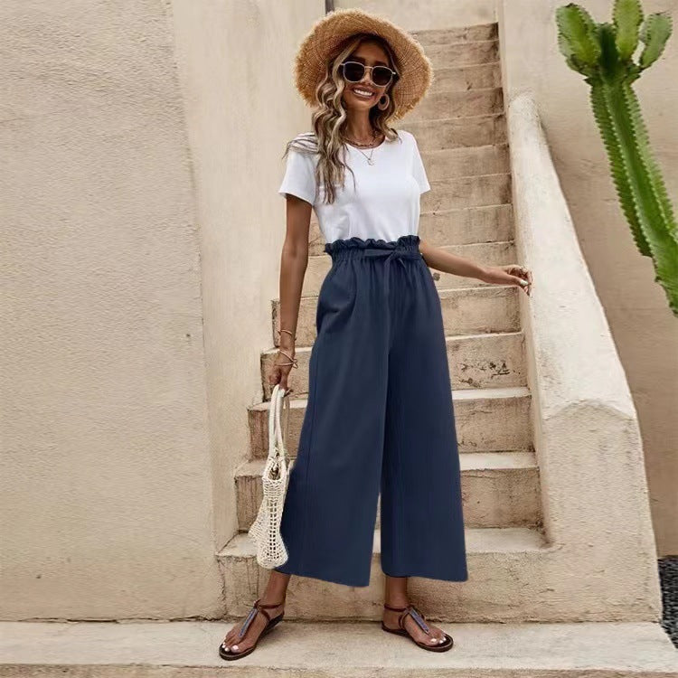 Elastic Waist Wide Leg Cotton Linen Cropped Pants