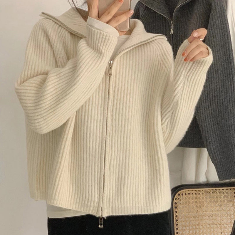 Zipper Knit Cardigan Womens Fashion Loose Outer Wear Lazy Sweater Jacket Top
