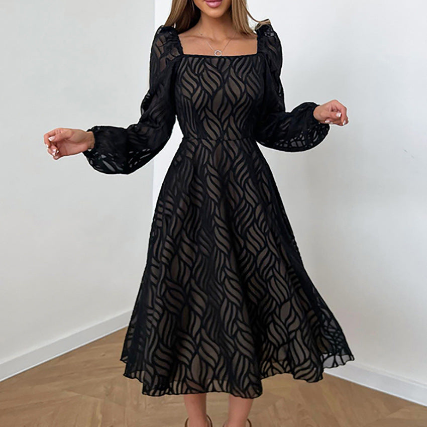 Chic High Waist Long Sleeve Dress with Hollow-out Micro-Transparent Jacquard for Women