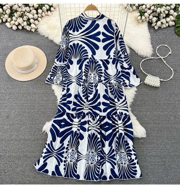 Summer Women's Retro Flared Long Sleeve V-neck Printed Dress