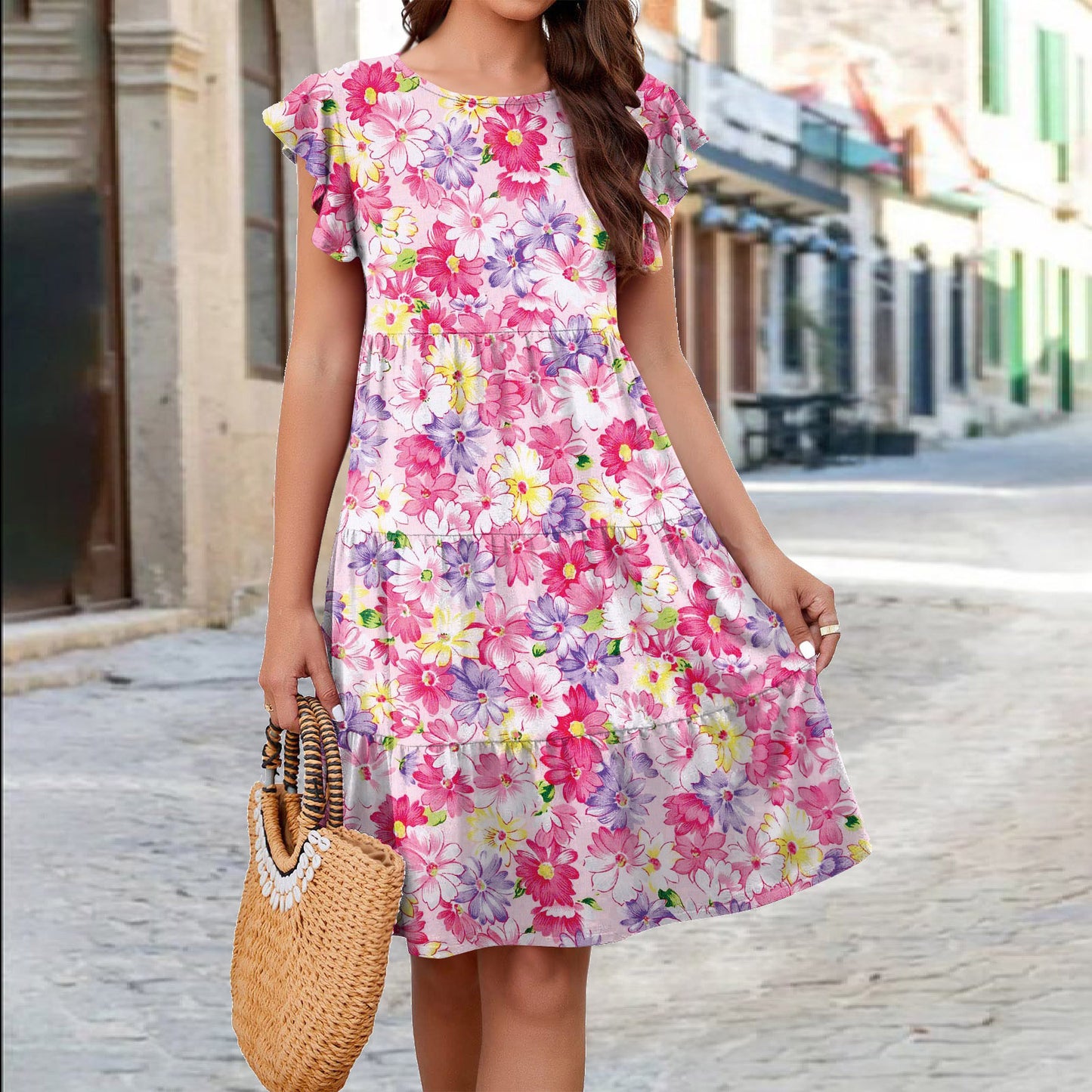 Summer Ruffle Sleeve Flower Print Dress for Women