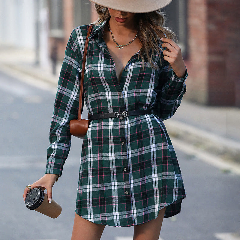 Women's Fashion Long Plaid Shirt Dress