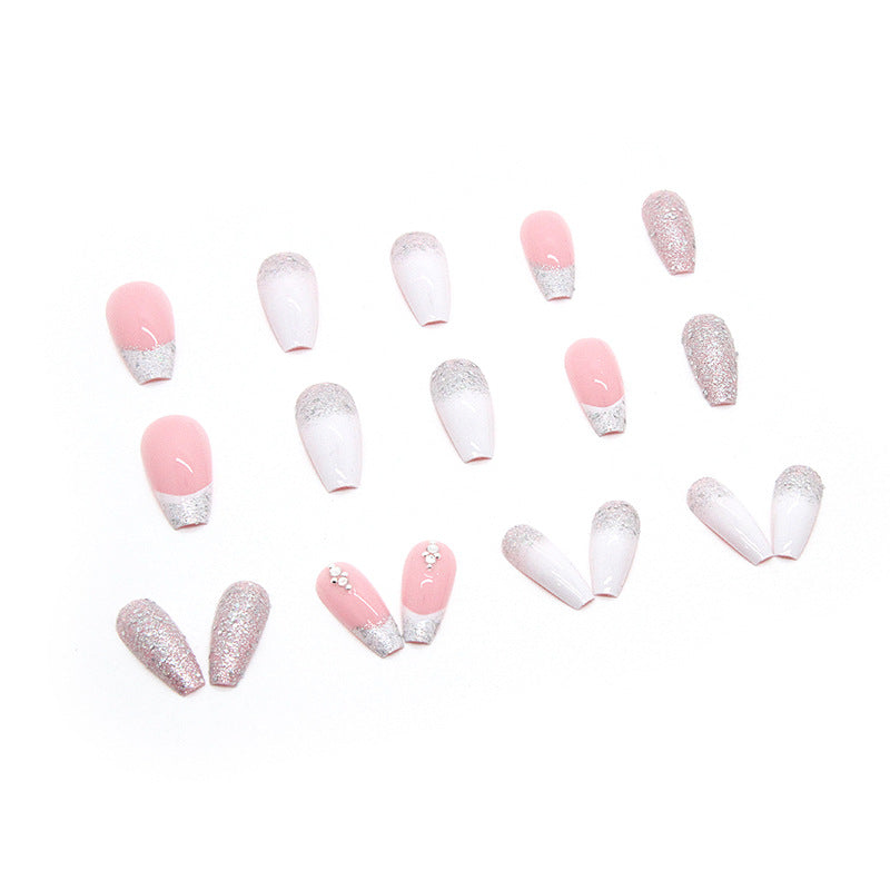 Mid-length Fake Nails Worn Nail Crystal Stone Sticker Glitter French Hot Girl Sweet