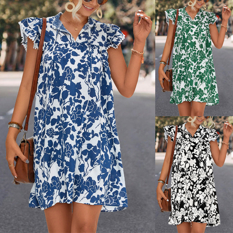 V-neck Dress for Women with Ruffle Sleeves Printed Design and Lace-Up