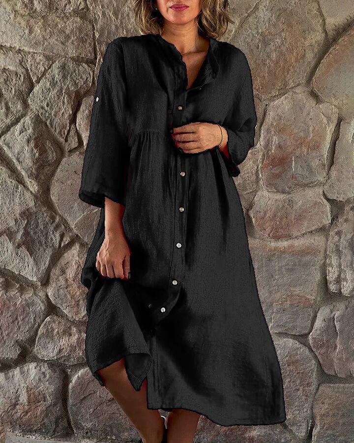 Casual Standing Collar Button Long Dress